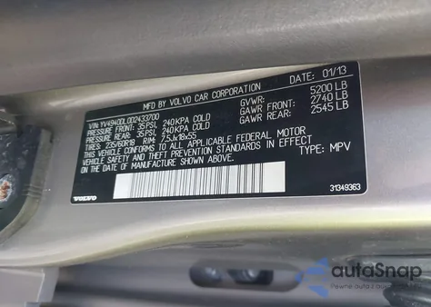 2013 Volvo Xc60 3.2/3.2 Platinum/3.2 Premier/3.2 Premier Plus from USA, damaged, VIN YV4940DL0D2433700